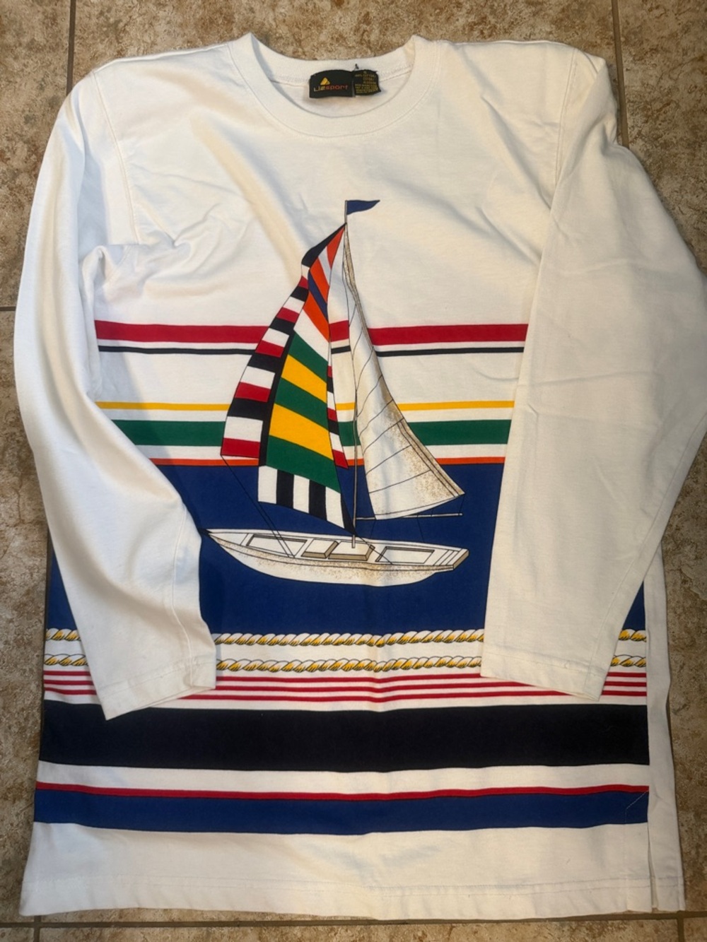 Lizsport Vintage White Long-Sleeve Sailboat Graphic Tee